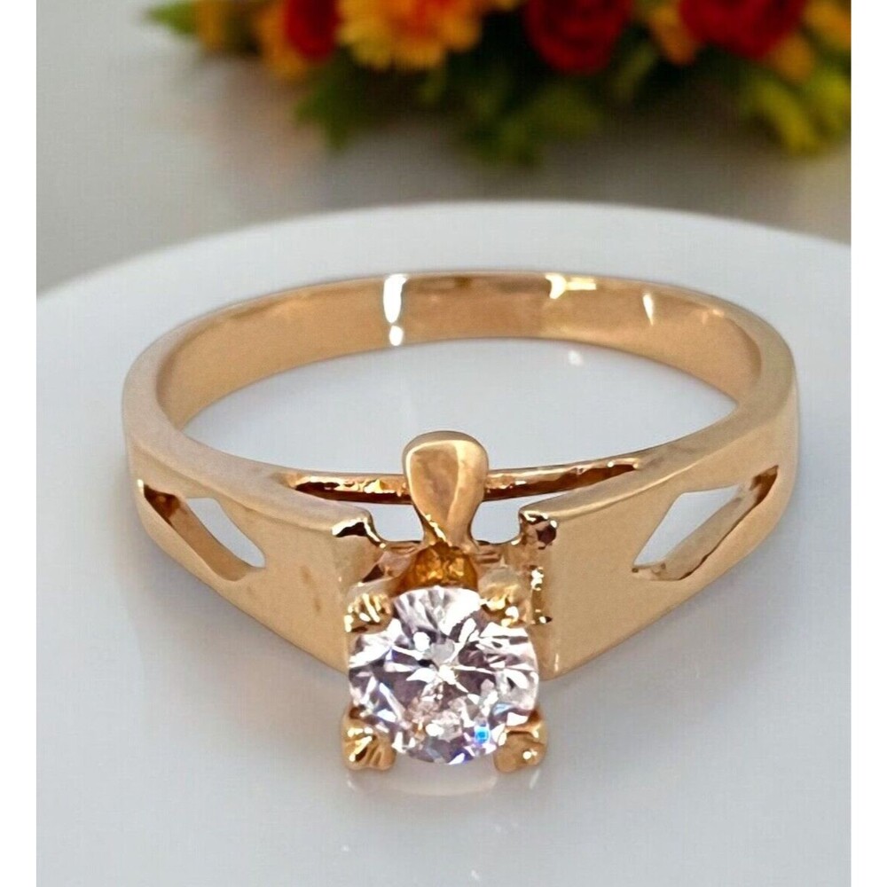 Vintage 1970s Cubic Zirconia Solitaire Ring 14K Gold Plate Size 8 - 6L